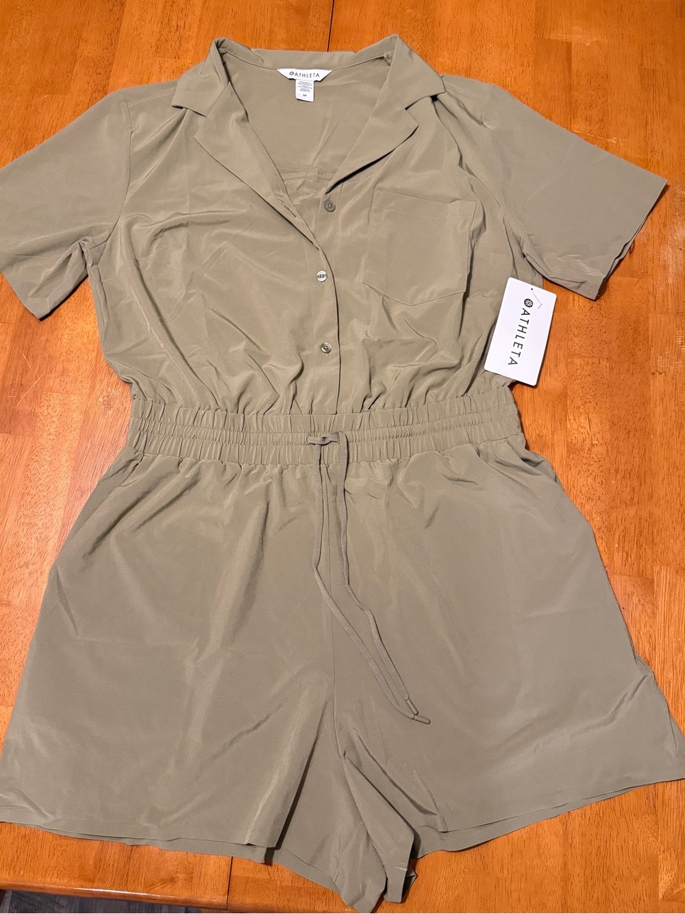 Athleta Olive Short-Sleeve Drawstring Romper